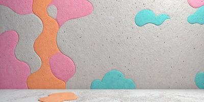 The primary subject of the image is a wall with a colorful design, featuring a mix of pink, blue, and orange colors. The setting is a room with a table, and the visual style appears to be a combination of digital art and illustration. The overall atmosphere is vibrant and lively, with the colorful design creating a cheerful and engaging environment.