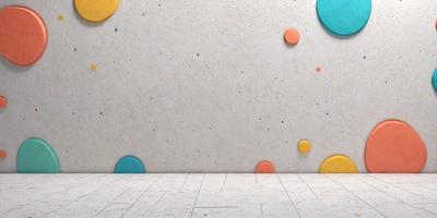 The primary subject of the image is a wall with a unique design featuring a combination of circles, squares, and other geometric shapes. The setting is a room with a white wall, and the visual style appears to be a digital art or illustration. The dominant colors in the image are white and various shades of blue, creating a clean and calming atmosphere.