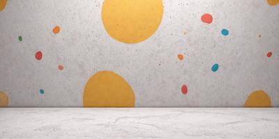 The primary subject of the image is a wall with a pattern of yellow and orange circles. The setting is a room with a white surface, and the visual style appears to be a combination of digital art and illustration. The dominant colors are yellow and orange, creating a warm and vibrant atmosphere.