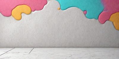 The primary subject of the image is a wall with a colorful, abstract design on it. The wall appears to be made of cement, and the design is a combination of pink, blue, and yellow colors. The setting is indoors, and the visual style is a mix of digital art and illustration. The overall atmosphere is vibrant and lively, with the colors creating a sense of energy and creativity.