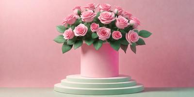 The primary subject of the image is a large bouquet of pink roses placed in a pink vase. The setting is a pink background, which adds a warm and inviting atmosphere to the scene. The visual style is a realistic representation of the flowers and vase, creating a sense of depth and detail. The colors and mood of the image are predominantly pink, which evokes feelings of love, warmth, and happiness.