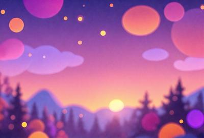 The primary subject of the image is a beautiful sunset with a mountain in the background. The setting is a forest with trees, and the visual style is a combination of a photo and digital art. The colors and mood of the image are warm and serene, with the sunset casting a golden glow over the landscape.