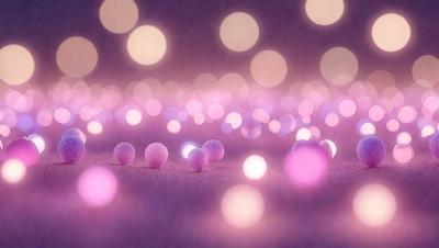 The primary subject of the image is a group of small, round, pink lights or balls, which are scattered across a purple background. The setting appears to be a dark room, and the visual style is a combination of a photo and digital art. The colors and mood of the image are predominantly pink, creating a warm and inviting atmosphere.