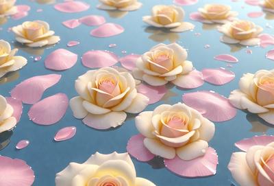 The primary subject of the image is a bouquet of white flowers floating on a body of water. The flowers are arranged in a visually appealing manner, creating a serene and peaceful atmosphere. The setting is a large body of water, which serves as a beautiful backdrop for the flowers. The visual style of the image is a combination of photo and digital art, as it captures the beauty of the flowers in a realistic yet artistic manner. The colors and mood of the image are predominantly white, which adds