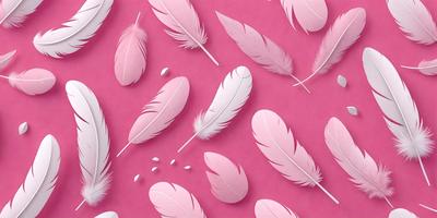 The primary subject of the image is a collection of white feathers, which are scattered across a pink background. The feathers are arranged in various positions, creating a visually appealing and artistic scene. The visual style of the image is a combination of digital art and illustration, as the feathers are depicted in a detailed and realistic manner. The colors and mood of the image are predominantly pink, which gives the scene a warm and inviting atmosphere.