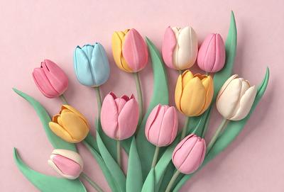 The primary subject of the image is a bouquet of fake flowers, which are displayed in a pink and green color scheme. The flowers are arranged in a vase, and they are placed on a pink background. The visual style of the image is a combination of photo and digital art, creating a realistic yet artistic representation of the flowers. The colors and mood of the image are warm and inviting, with the pink and green tones evoking a sense of freshness and natural beauty.