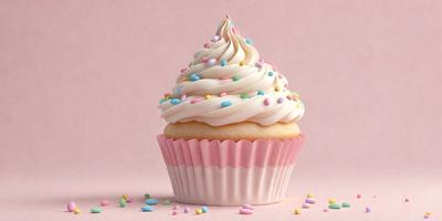 The primary subject of the image is a cupcake with white frosting and colorful sprinkles. The cupcake is placed on a pink surface, which adds a touch of color to the scene. The visual style of the image is a close-up of the cupcake, showcasing its details and texture. The colors and mood of the image are predominantly pink and cheerful, as the cupcake is a sweet treat often associated with happiness and celebrations.