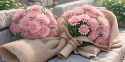 The primary subject of the image is a bouquet of pink flowers, which are the main focus of the scene. The flowers are arranged in a brown paper bag, giving the scene a rustic and natural feel. The setting appears to be outdoors, with a rock surface visible in the background. The visual style of the image is a combination of photo and digital art, creating a realistic yet artistic representation of the flowers. The colors of the flowers and the paper bag are predominantly pink, giving the image a warm