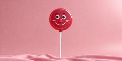 The primary subject of the image is a red candy lollypop with a smiley face drawn on it. The lollypop is placed on a pink surface, which serves as the setting or background. The visual style of the image is a photo, capturing the candy's vibrant colors and playful design. The overall atmosphere of the image is cheerful and lighthearted, as the smiley face on the candy represents a positive and happy emotion.
