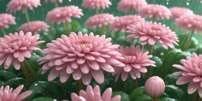 The primary subject of the image is a group of pink flowers, which are the main objects in the scene. The flowers are set against a backdrop of a green field, creating a natural and vibrant atmosphere. The visual style of the image is a combination of photo and digital art, as it appears to be a close-up of the flowers with a slightly blurred background. The dominant colors in the image are pink and green, which contribute to the overall mood of the scene.