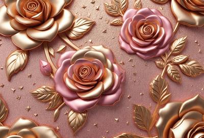 The primary subject of the image is a close-up of a pink rose with gold accents. The rose is surrounded by a background of gold and pink leaves, creating a visually appealing and elegant scene. The visual style of the image is a combination of digital art and illustration, with the rose and leaves appearing to be intricately designed and crafted. The colors and mood of the image are predominantly pink and gold, evoking a sense of warmth, beauty, and luxury.