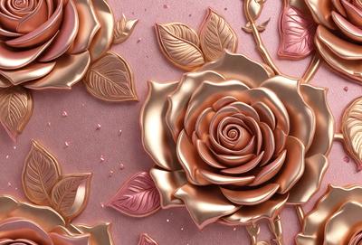 The primary subject of the image is a gold rose, which is the main focus of the scene. The rose is set against a pink background, creating a visually appealing contrast. The rose is depicted in a digital art style, giving it a realistic and detailed appearance. The overall atmosphere of the image is elegant and romantic, with the gold rose being the centerpiece of the scene.