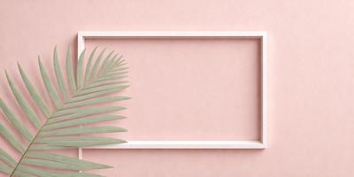 The primary subject of the image is a green palm leaf. The setting is a pink background, which creates a contrasting color scheme. The visual style is a close-up of the palm leaf, showcasing its details. The colors and mood of the image are predominantly pink and green, giving it a warm and tropical atmosphere.