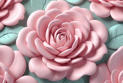 The primary subject of the image is a pink flower, which is the main focus of the scene. The flower is placed on a blue surface, creating a visually appealing contrast between the two colors. The image appears to be a digital art or illustration, showcasing the intricate details of the flower. The overall atmosphere of the image is soft and delicate, with the pink flower symbolizing love and affection.