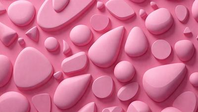 The primary subject of the image is a pink surface with various shapes and forms, including pink and white balls, and possibly other shapes like a heart. The setting appears to be a pink background, which adds to the overall visual style. The image is a digital art or illustration, showcasing a creative and colorful design. The dominant colors in the image are pink and white, giving it a warm and inviting atmosphere.