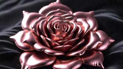 The primary subject of the image is a beautifully crafted metal rose. The rose is the main focus of the image, and it is displayed against a dark background. The visual style of the image is a combination of photo and digital art, creating a unique and intricate design. The colors and mood of the image are predominantly dark and dramatic, with the metal rose standing out as the main point of interest.
