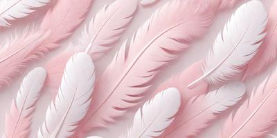 The primary subject of the image is a close-up of a pink feather. The setting is a white background, which provides a clean and minimalistic look. The visual style is a combination of a photo and digital art, as the feather appears to be a part of a larger pattern or design. The colors and mood of the image are predominantly pink, creating a soft and delicate atmosphere.