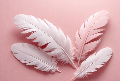 The primary subject of the image is a pair of white feathers, which are the main objects in the scene. The feathers are placed on a pink background, creating a visually striking contrast between the white feathers and the pink surface. The visual style of the image is a close-up of the feathers, showcasing their intricate details and textures. The colors and mood of the image are predominantly pink and white, giving it a delicate and elegant appearance.
