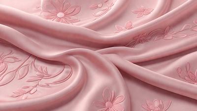The primary subject of the image is a pink fabric with a pattern of flowers on it. The setting is a close-up view of the fabric, showcasing the intricate details of the flower design. The visual style is a combination of a photo and digital art, as the flowers are depicted in a realistic manner while the fabric itself appears to be a digital creation. The colors and mood of the image are predominantly pink, giving it a warm and inviting atmosphere.