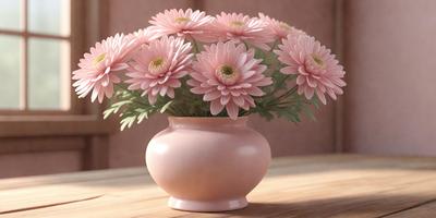 The primary subject of the image is a vase filled with pink flowers. The vase is placed on a wooden table, which serves as the setting for the scene. The visual style of the image is a photo, capturing the beauty of the flowers and the vase. The dominant colors in the image are pink, which is the color of the flowers and the vase, creating a warm and inviting atmosphere.