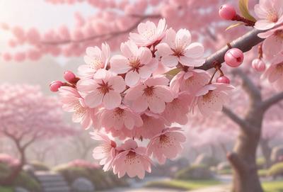The primary subject of the image is a pink flower branch with pink flowers. The setting is a pink and white background, which adds to the overall mood of the image. The visual style is a combination of photo and digital art, creating a realistic yet artistic representation of the flower branch. The colors and mood of the image are predominantly pink and white, giving it a soft and delicate appearance.