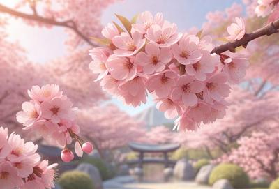 The primary subject of the image is a beautiful pink flower tree with pink flowers. The tree is located in a garden setting, surrounded by rocks and a small pavilion. The visual style of the image is a digital art or illustration, creating a vibrant and lively atmosphere. The dominant colors in the image are pink and white, giving the scene a warm and inviting mood.