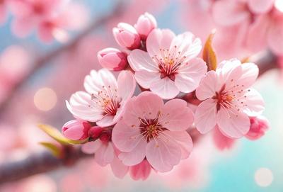 The primary subject of the image is a branch with pink flowers on it. The setting is a pink background, which adds to the overall mood of the image. The visual style is a close-up of the flowers, showcasing their beauty and details. The colors and mood of the image are predominantly pink, creating a warm and inviting atmosphere.