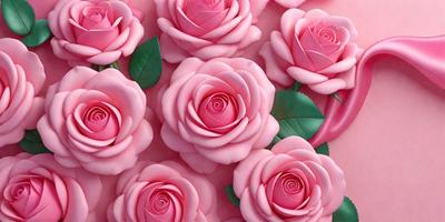 The primary subject of the image is a group of pink roses. They are arranged in a pink background, creating a visually appealing scene. The roses are made of a soft, pink material, giving them a unique and artistic appearance. The overall atmosphere of the image is one of beauty and elegance, with the roses being the focal point of the scene.