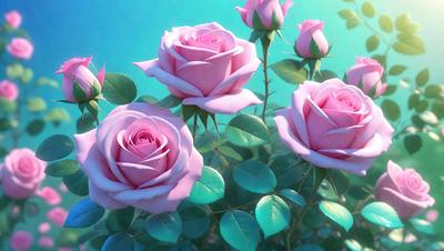 The primary subject of the image is a bouquet of pink roses. The setting is a blue background, which adds a contrasting and calming effect to the scene. The visual style is a digital art, as the roses are depicted in a realistic and detailed manner. The colors and mood of the image are predominantly pink, creating a sense of warmth and beauty.