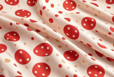 The primary subject of the image is a red and white polka dot fabric. The setting is a close-up of the fabric, showcasing its pattern and texture. The visual style is a real-life photograph of the fabric. The dominant colors are red and white, creating a lively and cheerful atmosphere.