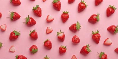 The primary subject of the image is a close-up of a group of strawberries. The strawberries are arranged in a pattern, covering the entire image. The setting is a pink background, which adds a vibrant and fresh touch to the scene. The visual style is a close-up of the strawberries, emphasizing their details and texture. The colors and mood of the image are predominantly pink, which is associated with freshness, love, and warmth.