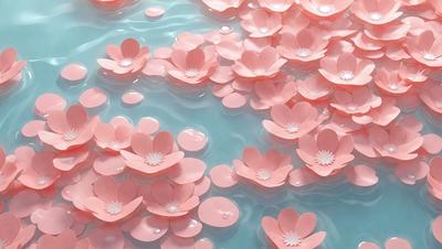 The primary subject of the image is a group of pink flowers floating on top of a body of water. The flowers are scattered throughout the scene, creating a visually appealing and serene atmosphere. The setting is a body of water, which could be a lake, river, or pond. The visual style of the image is a combination of photo and digital art, as it captures the beauty of the flowers in a realistic yet artistic manner. The colors and mood of the image are predominantly pink, which
