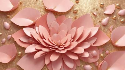The primary subject of the image is a pink flower made of paper or plastic. The setting is a table with a gold background, and the visual style appears to be a combination of photo and digital art. The colors and mood of the image are predominantly pink, creating a warm and inviting atmosphere.