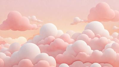 The primary subject of the image is a cloudy sky filled with pink clouds. The setting is a sunset, creating a warm and serene atmosphere. The visual style is a digital art or illustration, with the clouds depicted in a soft and dreamy manner. The colors and mood of the image are predominantly pink, giving it a gentle and calming appearance.
