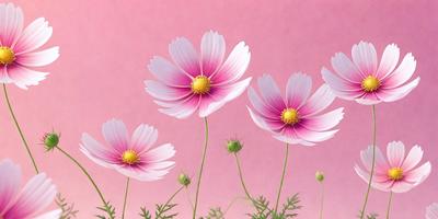 The primary subject of the image is a group of three pink flowers with yellow centers. They are set against a pink background, which adds a vibrant and warm atmosphere to the scene. The flowers are depicted in a digital art style, giving them a realistic and detailed appearance. The colors and mood of the image are predominantly pink and cheerful, creating a pleasant and inviting visual experience.