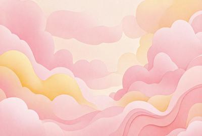 The primary subject of the image is a pink cloudy sky with a yellow background. The setting is a cloudy sky, and the visual style is a combination of digital art and illustration. The dominant colors are pink and yellow, creating a warm and inviting atmosphere.