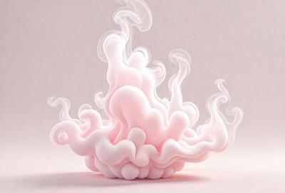 The primary subject of the image is a pink, smoke-like object that appears to be a sculpture or a piece of art. The setting is a white background, which provides a clean and minimalist appearance. The visual style is a combination of digital art and illustration, creating a unique and eye-catching piece. The colors and mood of the image are predominantly pink, which gives it a warm and inviting atmosphere.