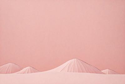 The primary subject of the image is a mountain range, with a pink sky in the background. The setting appears to be a desert landscape, with a sandy surface visible. The visual style of the image is a combination of digital art and illustration, creating a unique and artistic representation of the mountain range. The colors and mood of the image are predominantly pink, giving it a warm and serene atmosphere.