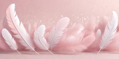 The primary subject of the image is a close-up of a pink background with a bunch of white feathers. The feathers are arranged in a way that they appear to be floating in the air. The setting is a pink background, which creates a soft and delicate atmosphere. The visual style of the image is a combination of photo and digital art, as it captures the beauty of the feathers and the pink background. The colors and mood of the image are predominantly pink and soft, creating a sense