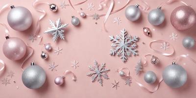 The primary subject of the image is a collection of silver snowflake ornaments. These ornaments are arranged on a pink background, creating a visually appealing and festive display. The setting appears to be a table or a surface where the ornaments are placed, and the visual style is a combination of digital art and illustration. The dominant colors in the image are pink and silver, giving the scene a warm and celebratory atmosphere.