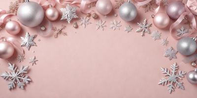 The primary subject of the image is a pink background with a row of silver and white ornaments, including snowflakes, hanging from it. The ornaments are arranged in a visually appealing manner, creating a festive and decorative atmosphere. The setting is a pink background, which serves as the perfect backdrop for the ornaments. The visual style of the image is a combination of digital art and illustration, as the ornaments are carefully crafted and placed to create a cohesive and eye-catch