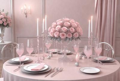 The primary subject of the image is a dining table set for a romantic dinner. The table is adorned with a pink tablecloth and features a vase filled with pink roses as the centerpiece. The table is also set with wine glasses, forks, knives, and spoons, creating an elegant and intimate atmosphere. The setting includes a pink wall in the background, adding to the overall ambiance of the scene. The visual style of the image is a combination of photo and digital