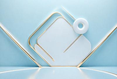 The primary subject of the image is a white square with a gold border. The setting is a blue background, and the visual style appears to be a combination of photo and digital art. The colors are predominantly white and blue, creating a clean and modern atmosphere.