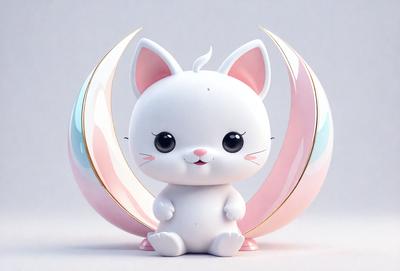 The primary subject of the image is a white and pink cat figurine. The setting is a white background, and the visual style is a digital art or illustration. The colors and mood of the image are predominantly white and pink, giving it a cute and playful appearance.