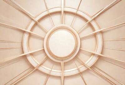 The primary subject of the image is a large, round, white structure with a hole in the center. The setting is a white room, and the visual style appears to be a combination of photo and digital art. The dominant colors are white and beige, creating a clean and bright atmosphere.