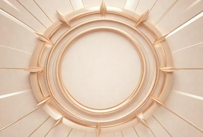 The primary subject of the image is a large, ornate, gold-colored circle. The setting is a white background, which contrasts with the gold circle. The visual style is a combination of photo and digital art, creating a unique and intricate design. The colors and mood of the image are predominantly gold and white, giving it a luxurious and elegant appearance.