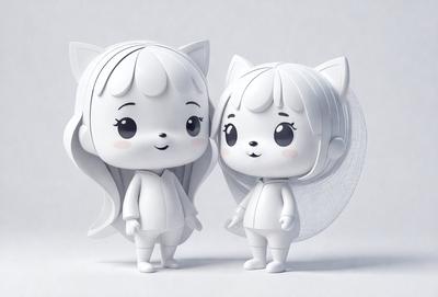The image features two white figurines, possibly of a cat and a mouse, standing next to each other. They are positioned in a white background, giving the scene a clean and minimalist appearance. The figurines are the primary focus of the image, and their design and colors create a sense of harmony and balance.