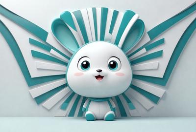 The primary subject of the image is a white and blue cartoon bunny. The setting is a white background, and the visual style is digital art. The colors and mood of the image are bright and cheerful, with the blue and white bunny being the main focus.