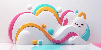 The primary subject of the image is a large, colorful, and whimsical sculpture of a cloud. The cloud is made up of various shapes and colors, creating a vibrant and playful appearance. The setting is a white background, which allows the cloud sculpture to stand out prominently. The visual style of the image is a combination of digital art and illustration, giving it a unique and creative appearance. The dominant colors in the image are white, pink, yellow, and blue, which contribute to the