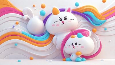 The primary subject of the image is a white and pink cat figurine. The setting is a colorful background with a rainbow pattern. The visual style is digital art, and the colors and mood are vibrant and cheerful.